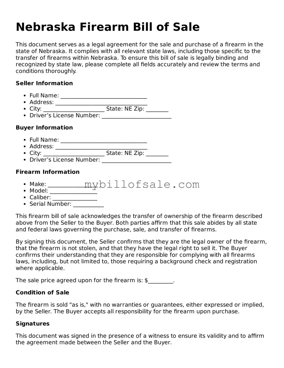 Official Nebraska Firearm Bill of Sale Template