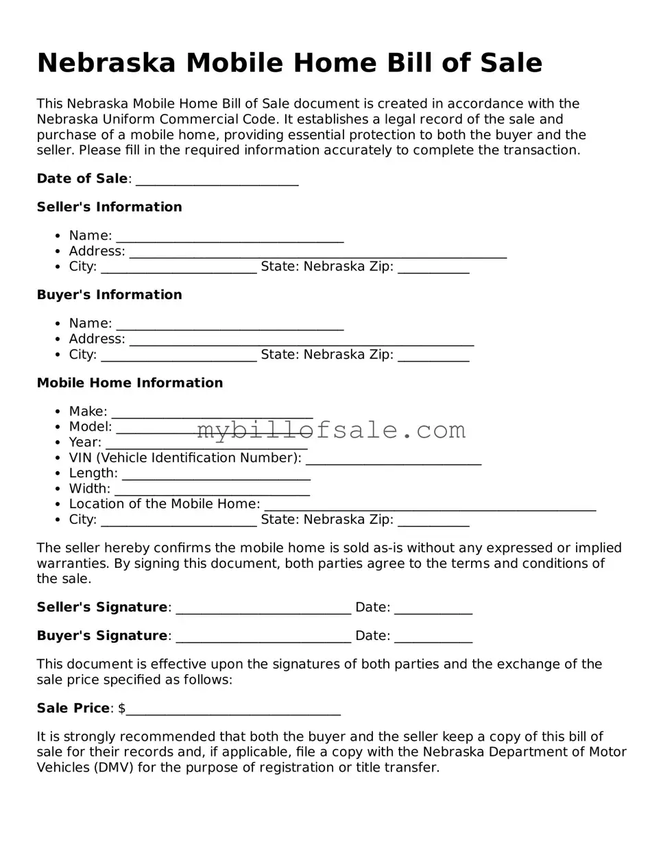Official Nebraska Mobile Home Bill of Sale Template