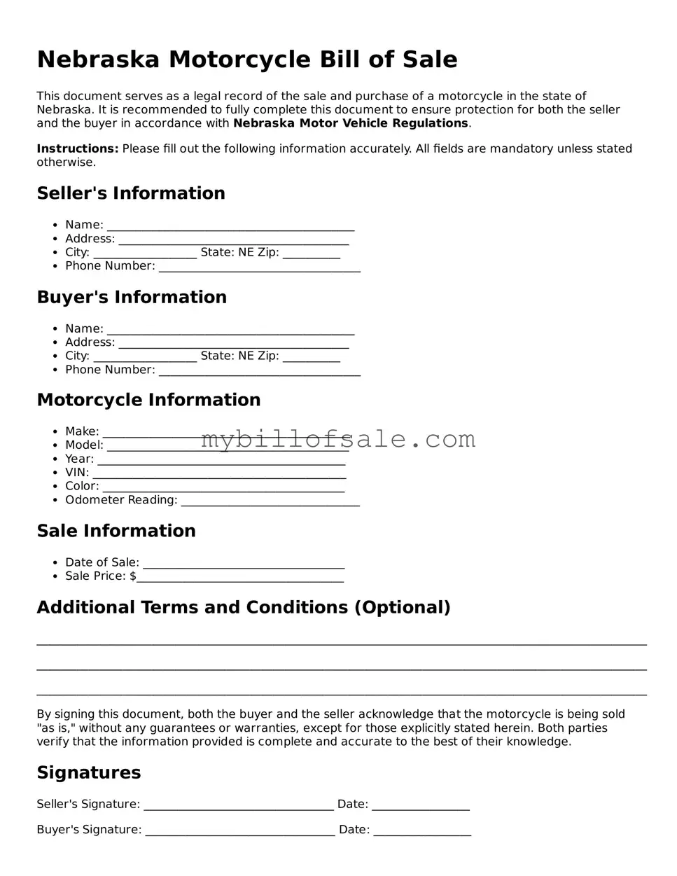 Official Nebraska Motorcycle Bill of Sale Template