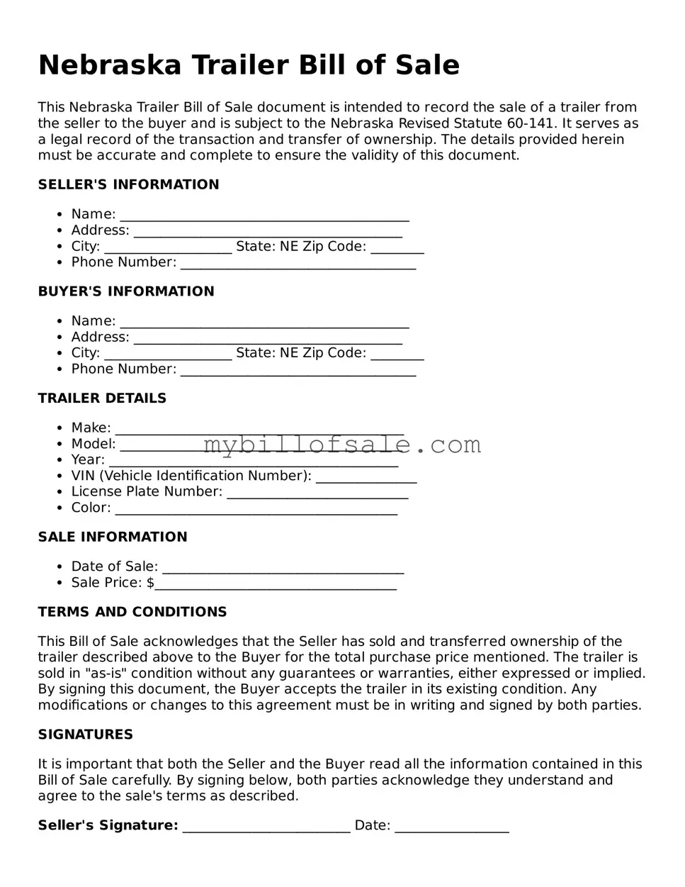 Official Nebraska Trailer Bill of Sale Template