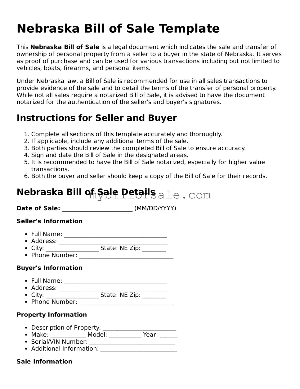 Official Nebraska Bill of Sale Template