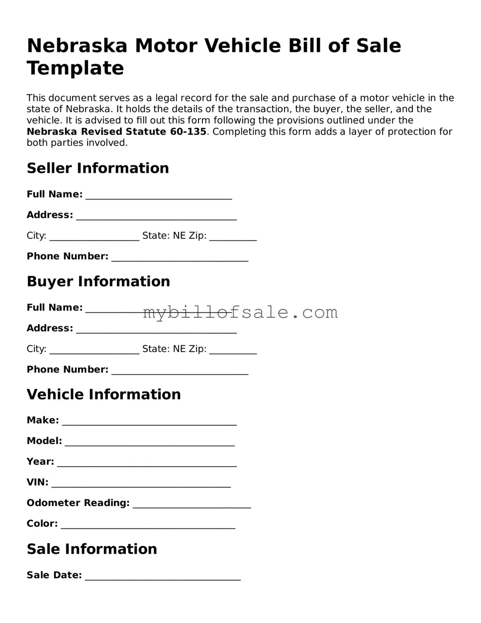 Official Nebraska Motor Vehicle Bill of Sale Template
