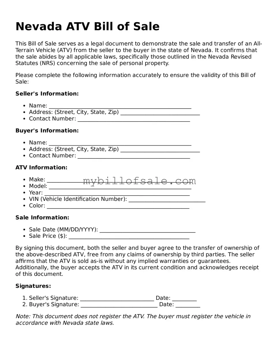 Official Nevada ATV Bill of Sale Template