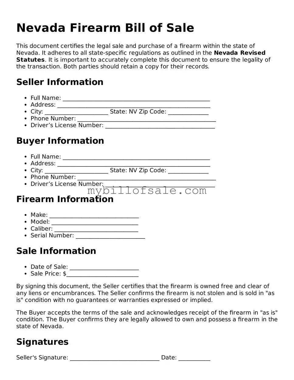 Official Nevada Firearm Bill of Sale Template