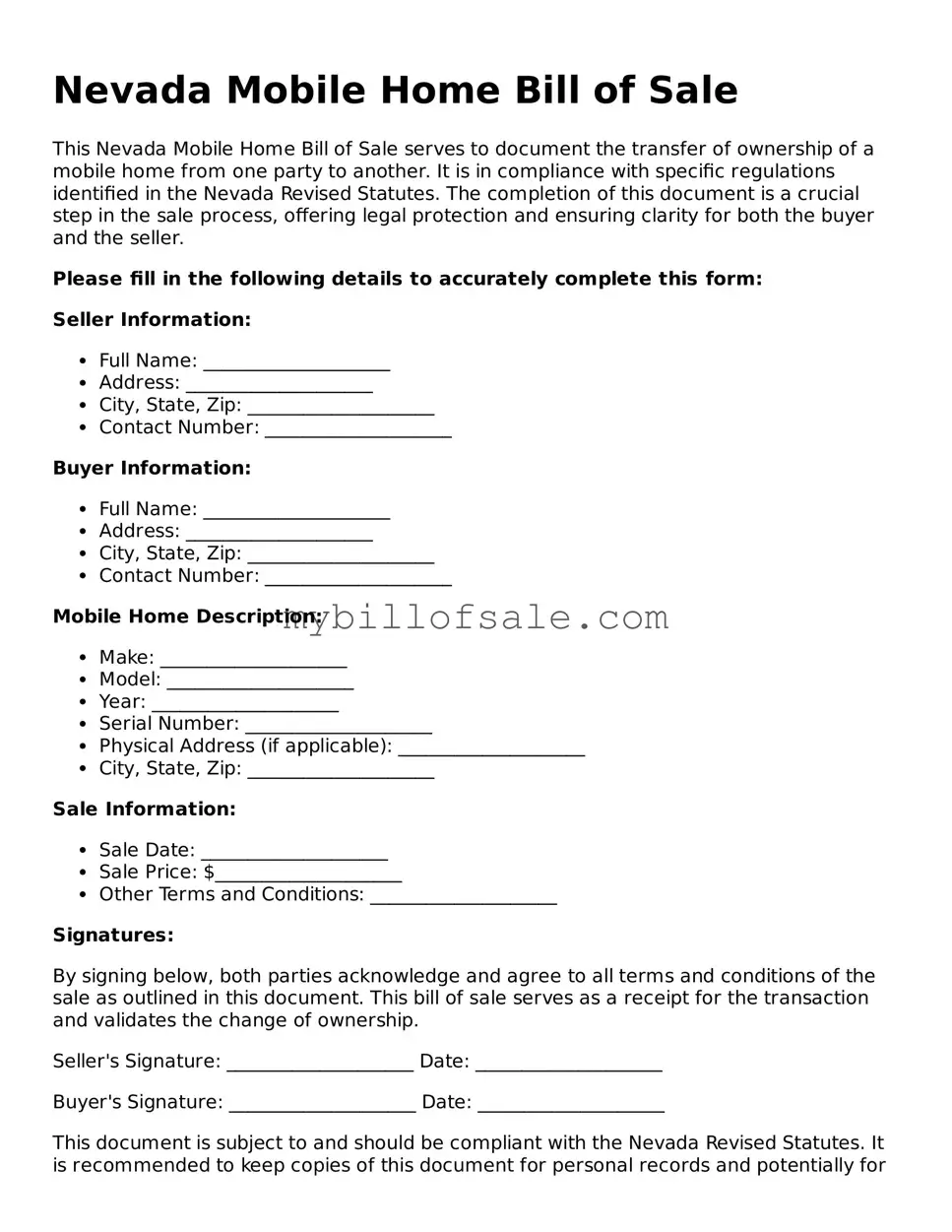Official Nevada Mobile Home Bill of Sale Template