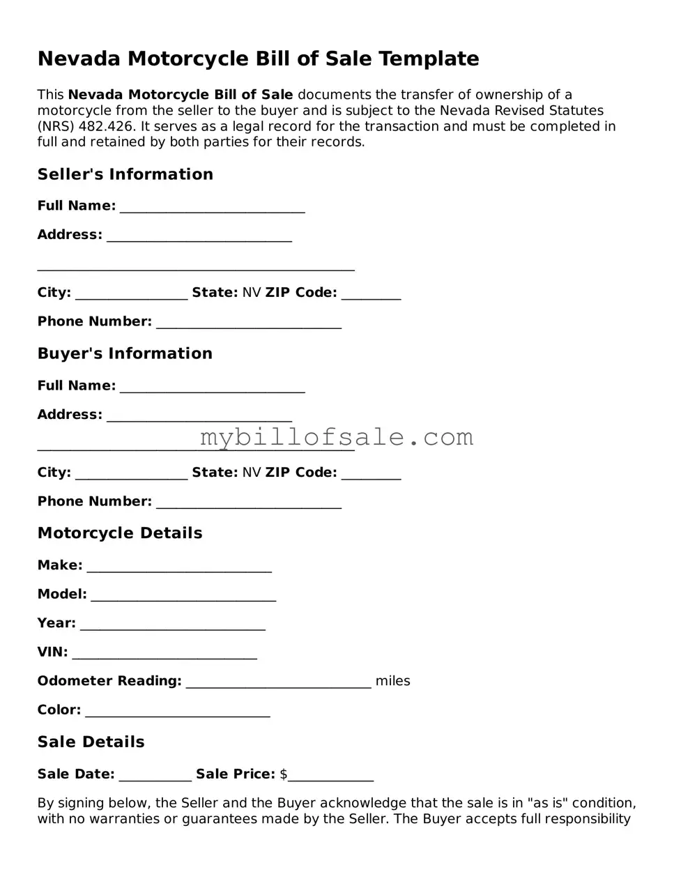 Official Nevada Motorcycle Bill of Sale Template