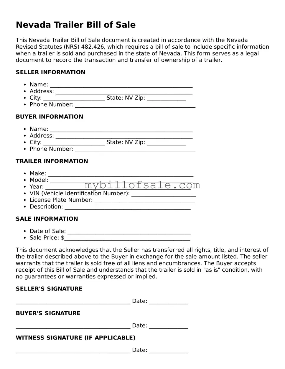 Official Nevada Trailer Bill of Sale Template
