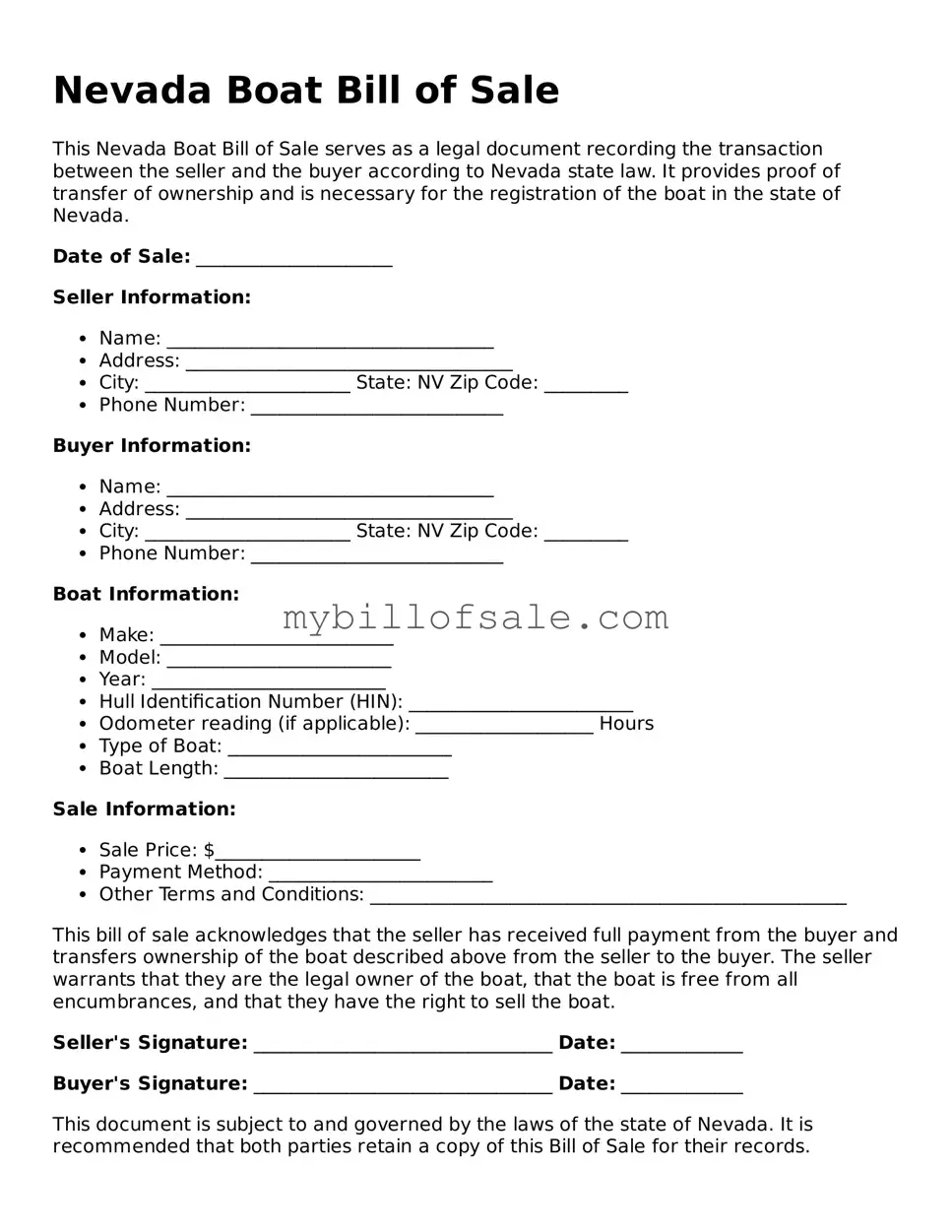 Official Nevada Boat Bill of Sale Template