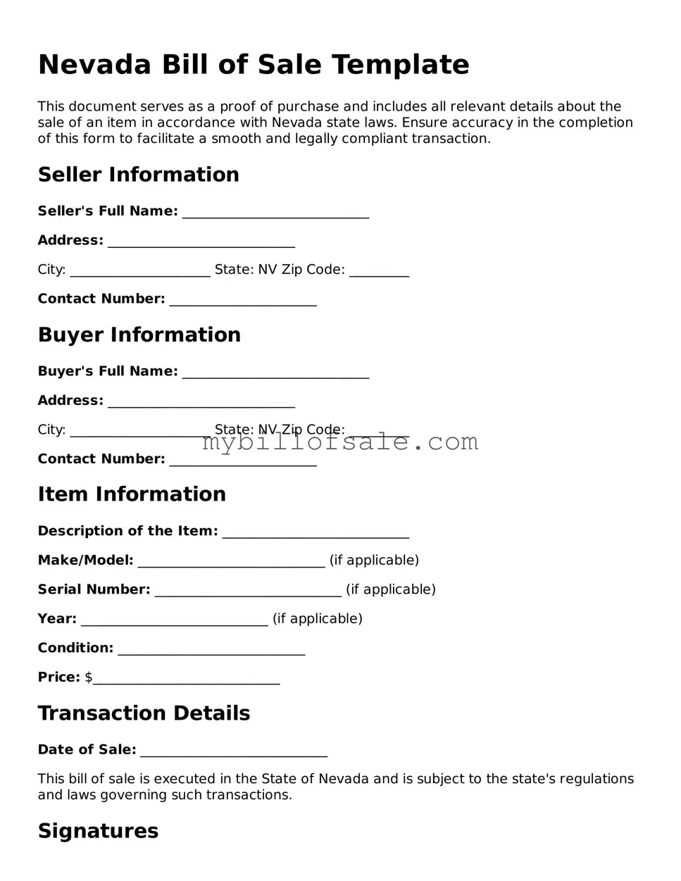 Official Nevada Bill of Sale Template
