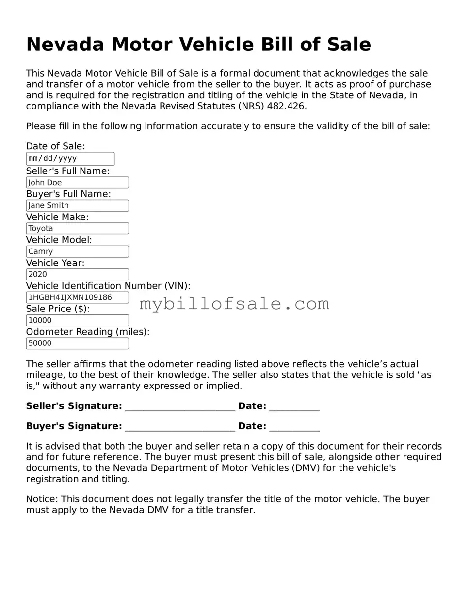 Official Nevada Motor Vehicle Bill of Sale Template