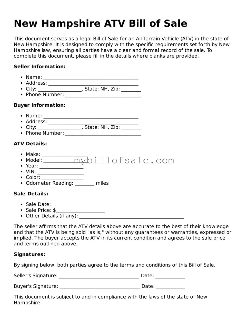 Official New Hampshire ATV Bill of Sale Template