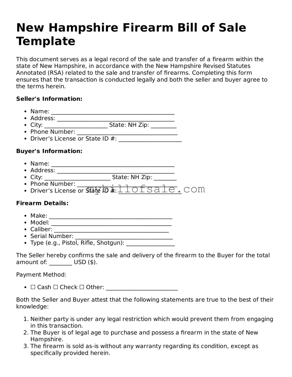 Official New Hampshire Firearm Bill of Sale Template