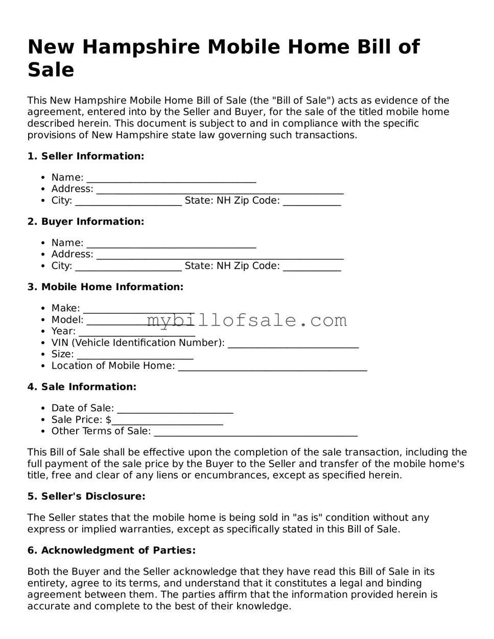 Official New Hampshire Mobile Home Bill of Sale Template