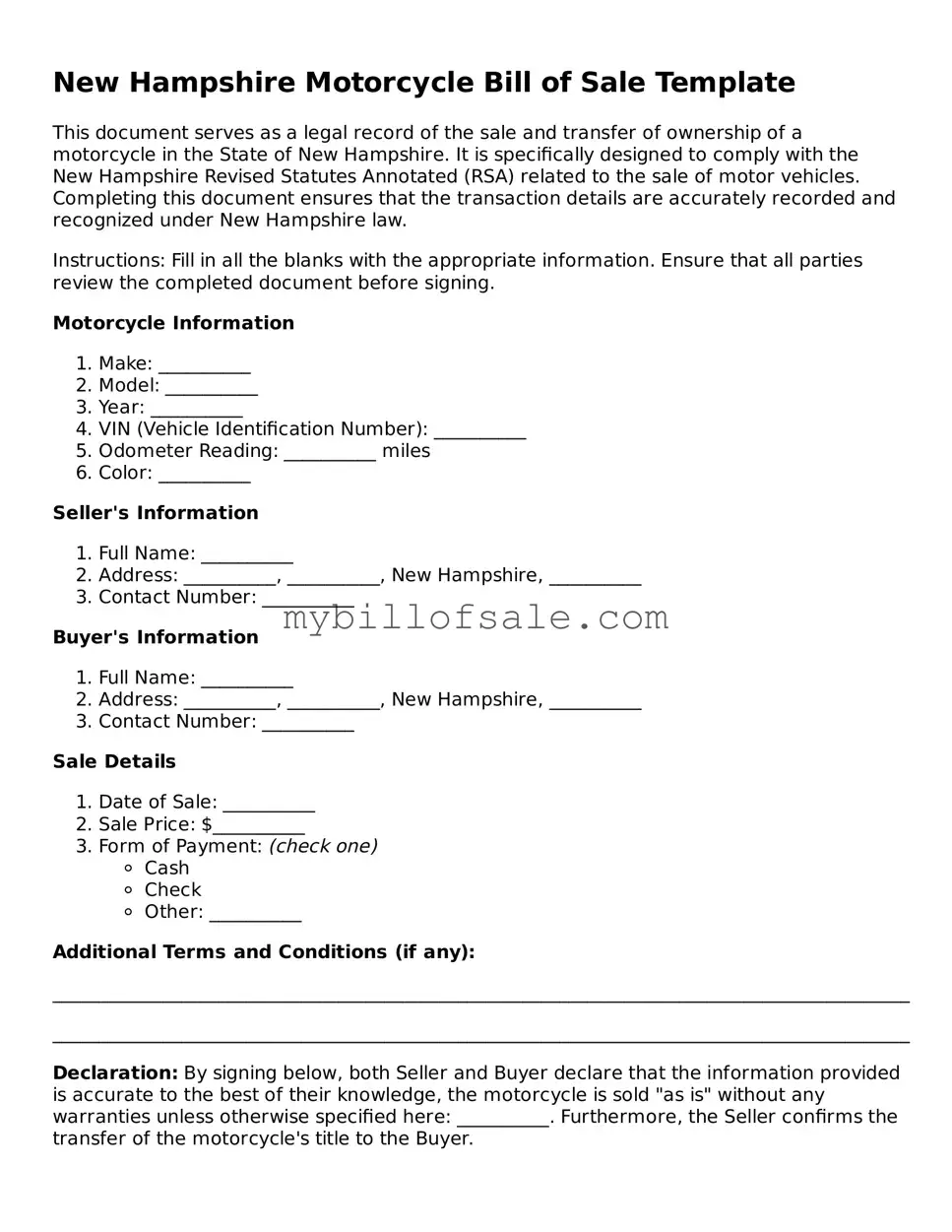 Official New Hampshire Motorcycle Bill of Sale Template