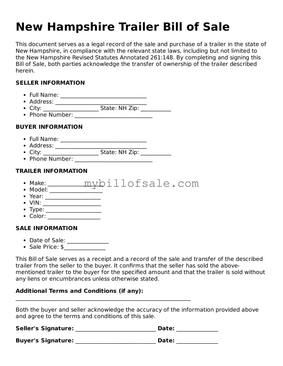 Official New Hampshire Trailer Bill of Sale Template