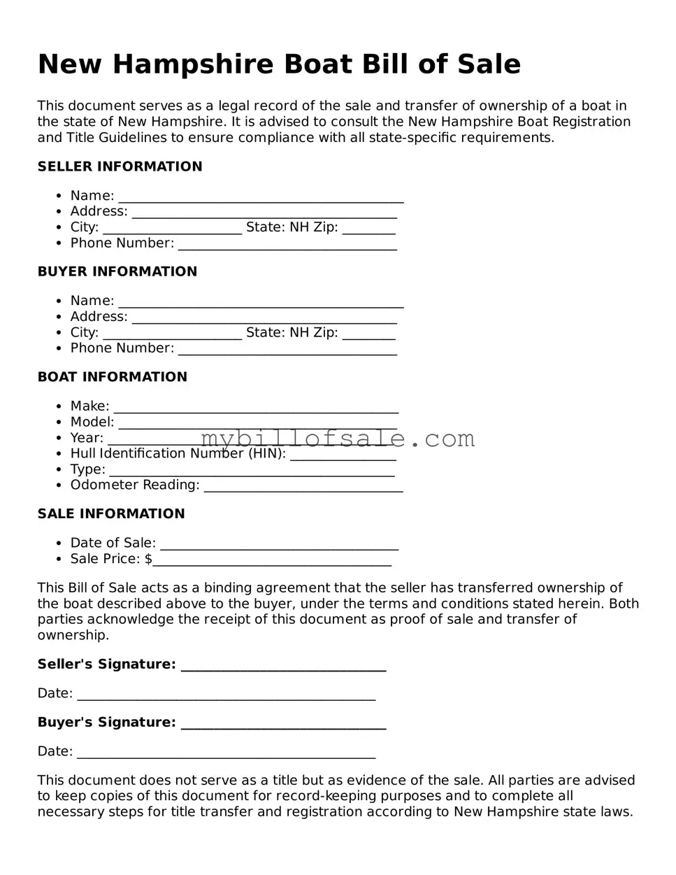 Official New Hampshire Boat Bill of Sale Template