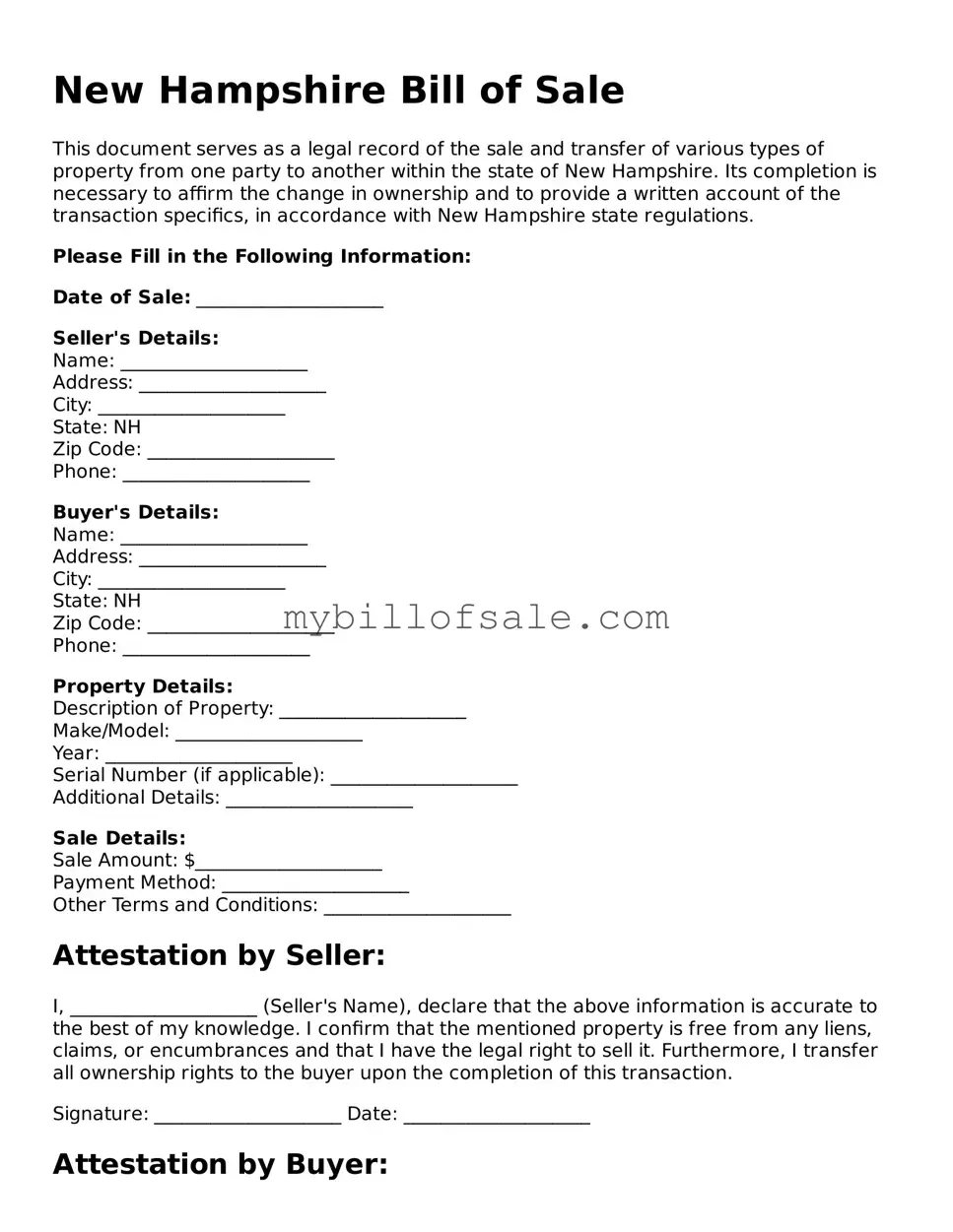 Official New Hampshire Bill of Sale Template