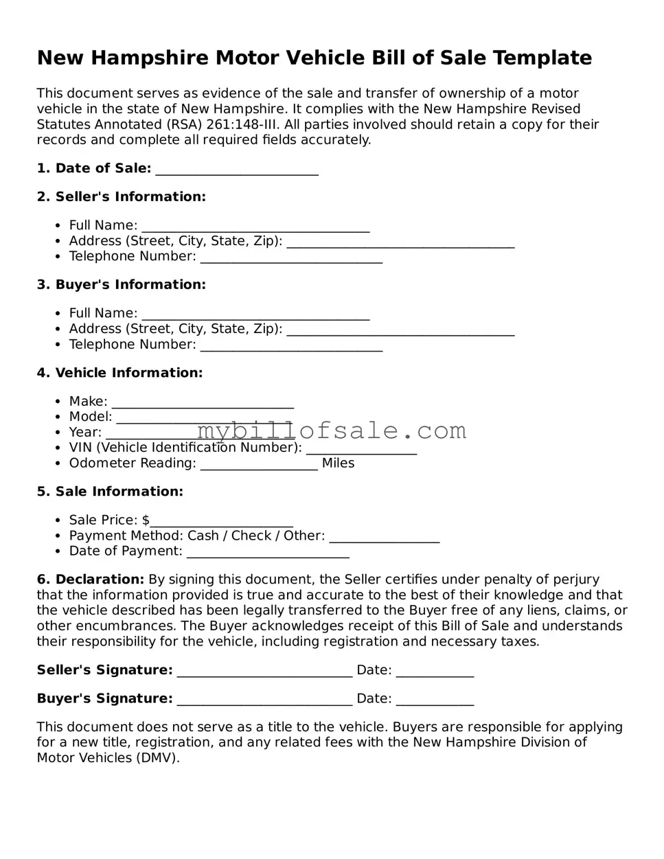 Official New Hampshire Motor Vehicle Bill of Sale Template