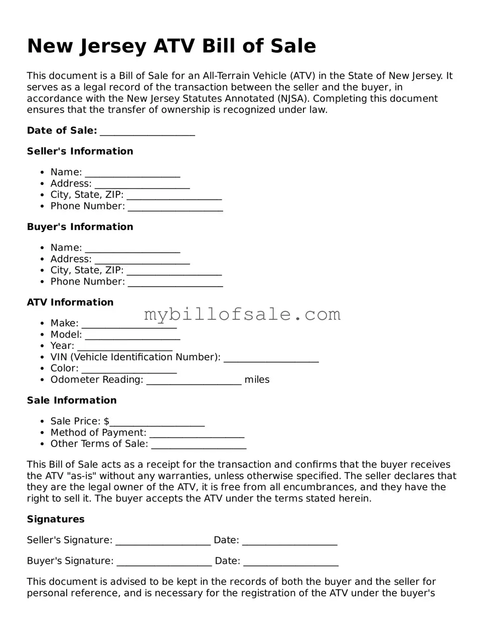 Official New Jersey ATV Bill of Sale Template