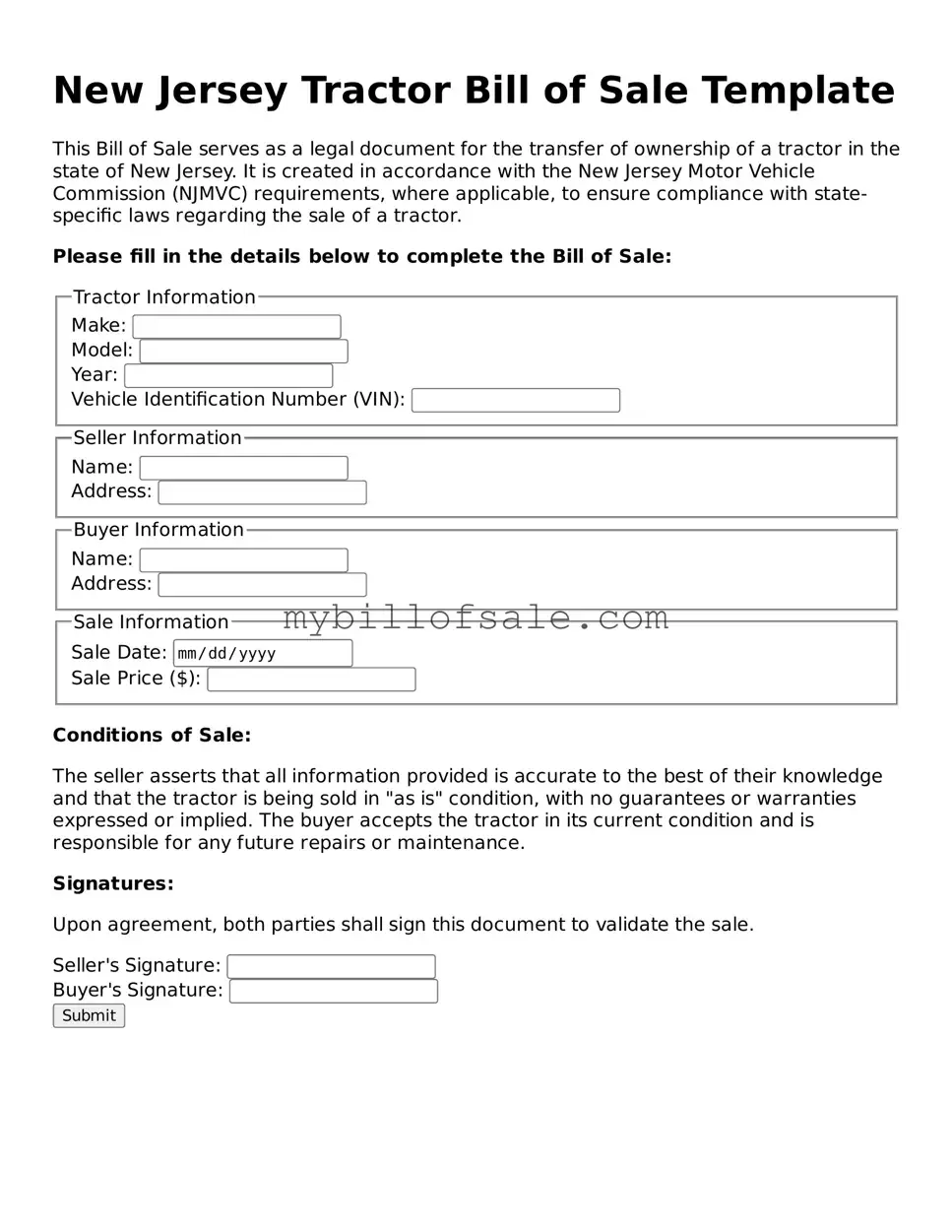 Official New Jersey Tractor Bill of Sale Template