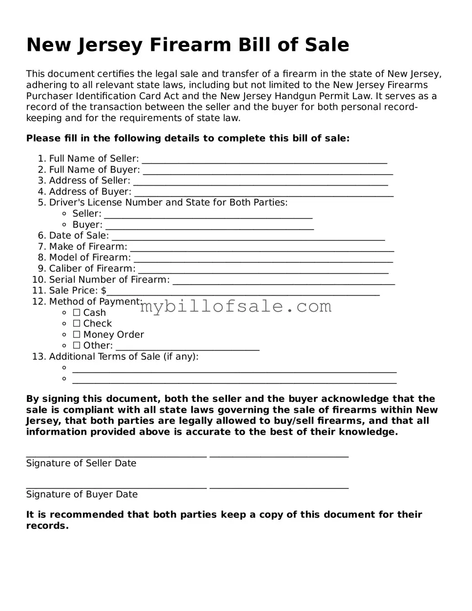 Official New Jersey Firearm Bill of Sale Template