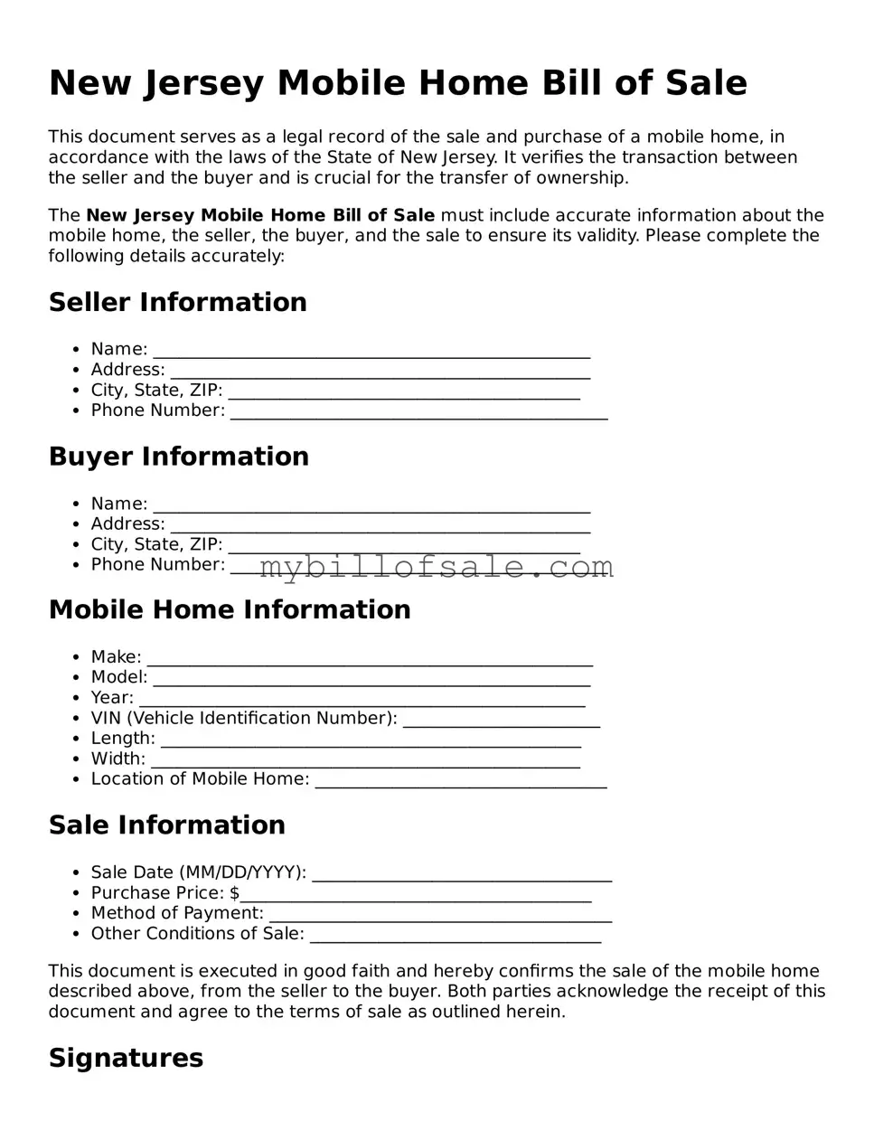 Official New Jersey Mobile Home Bill of Sale Template