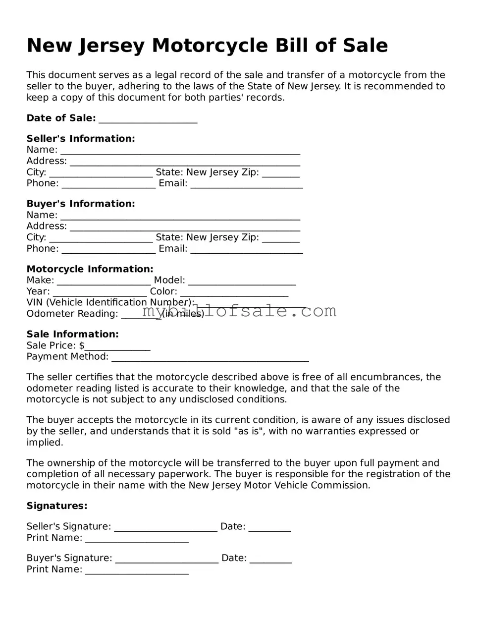 Official New Jersey Motorcycle Bill of Sale Template