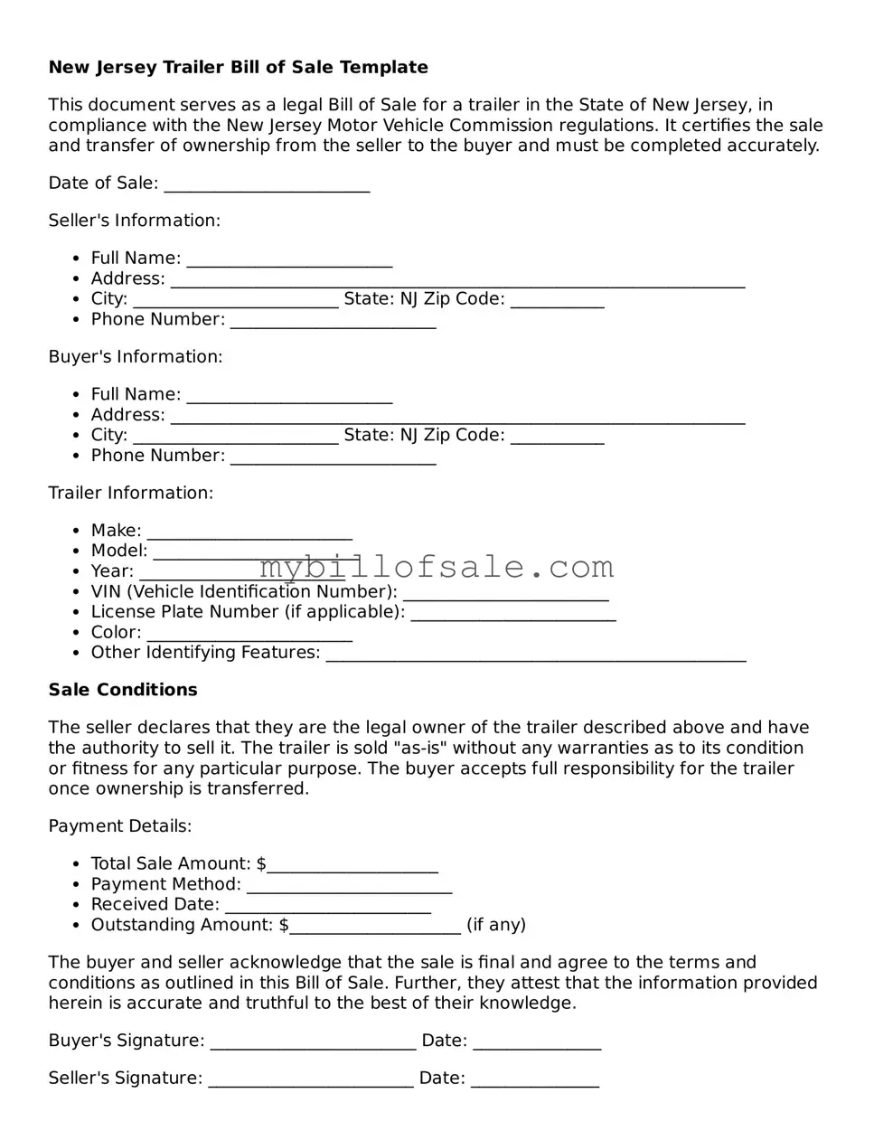 Official New Jersey Trailer Bill of Sale Template