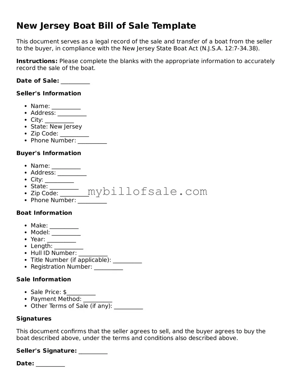 Official New Jersey Boat Bill of Sale Template