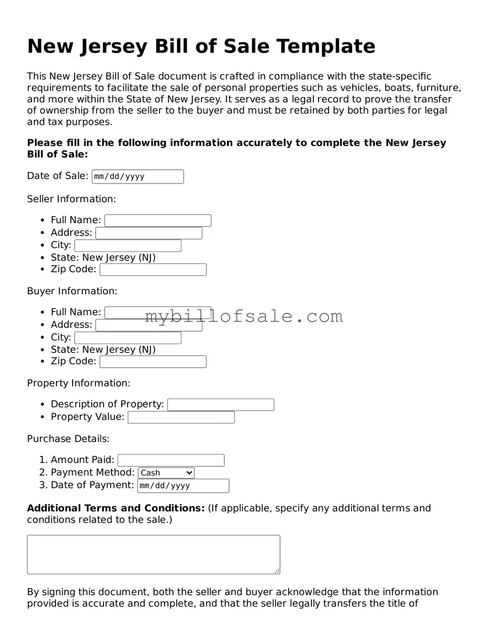 Official New Jersey Bill of Sale Template