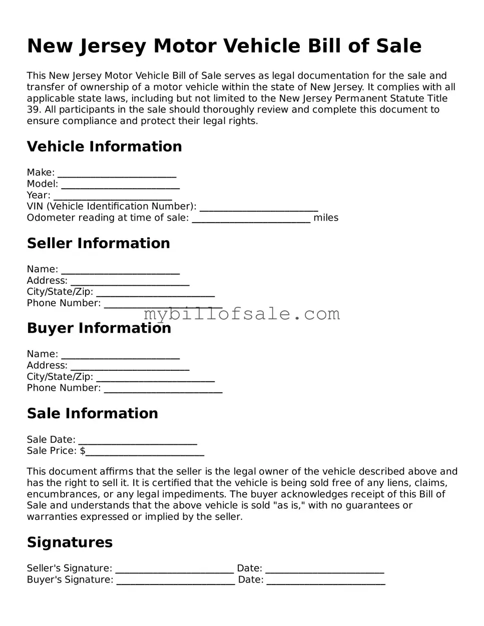 Official New Jersey Motor Vehicle Bill of Sale Template