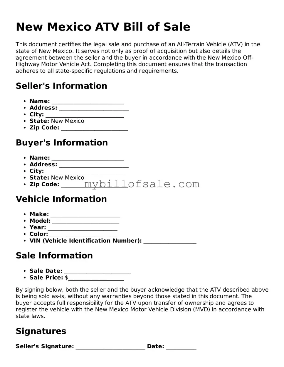 Official New Mexico ATV Bill of Sale Template
