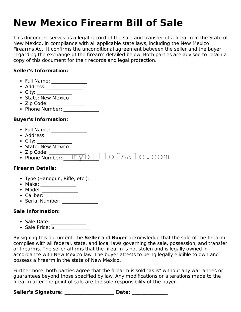 Official New Mexico Firearm Bill of Sale Template
