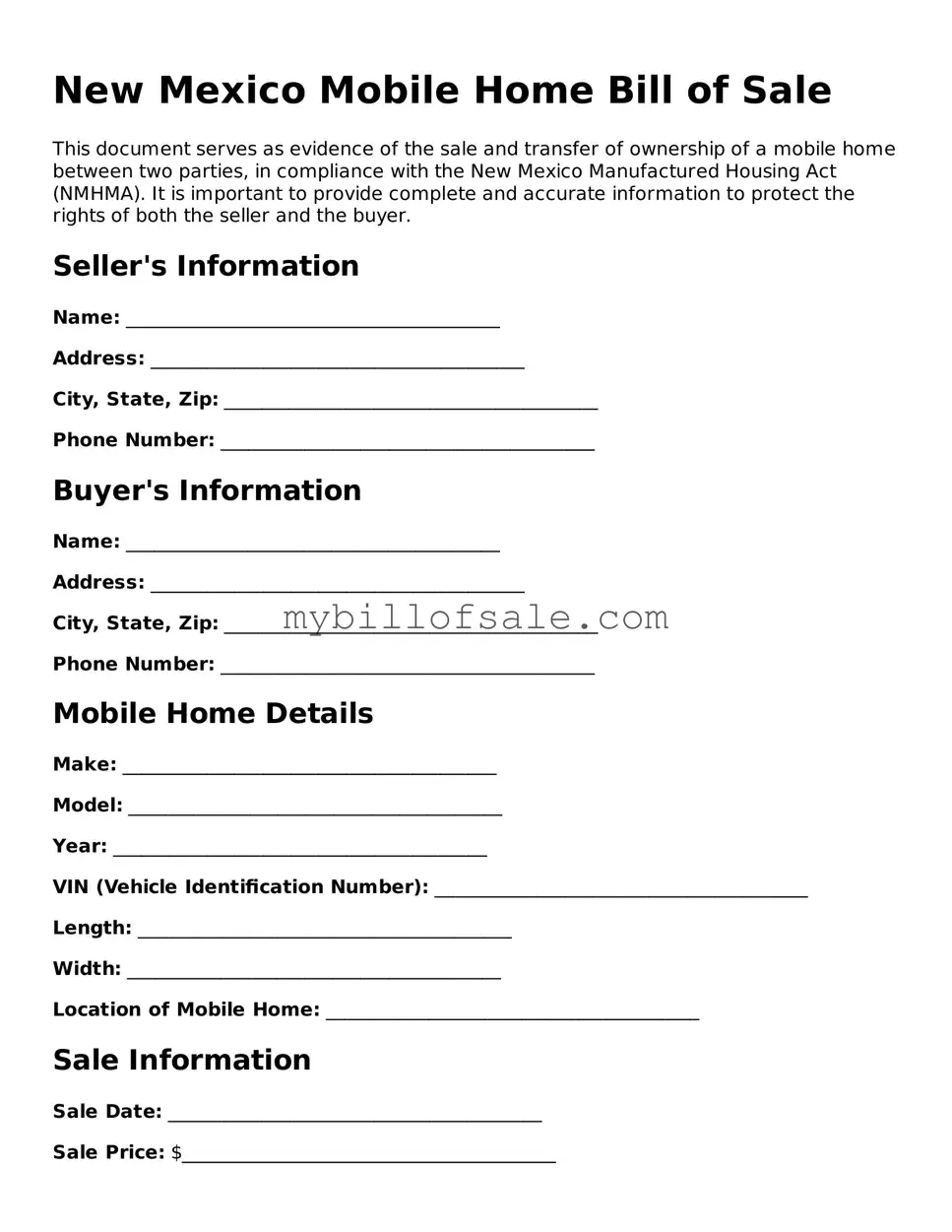 Official New Mexico Mobile Home Bill of Sale Template