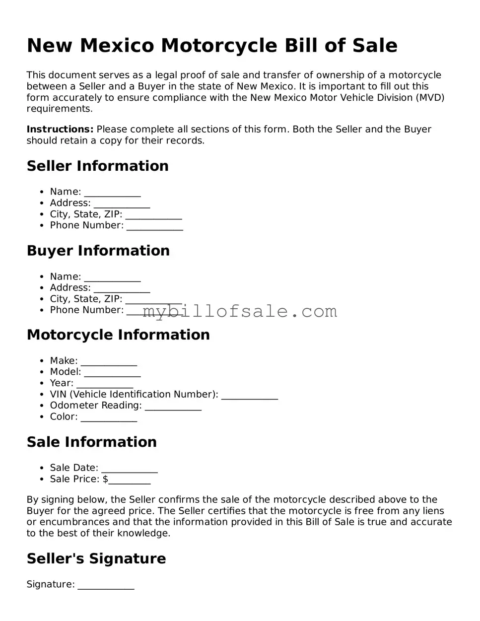 Official New Mexico Motorcycle Bill of Sale Template