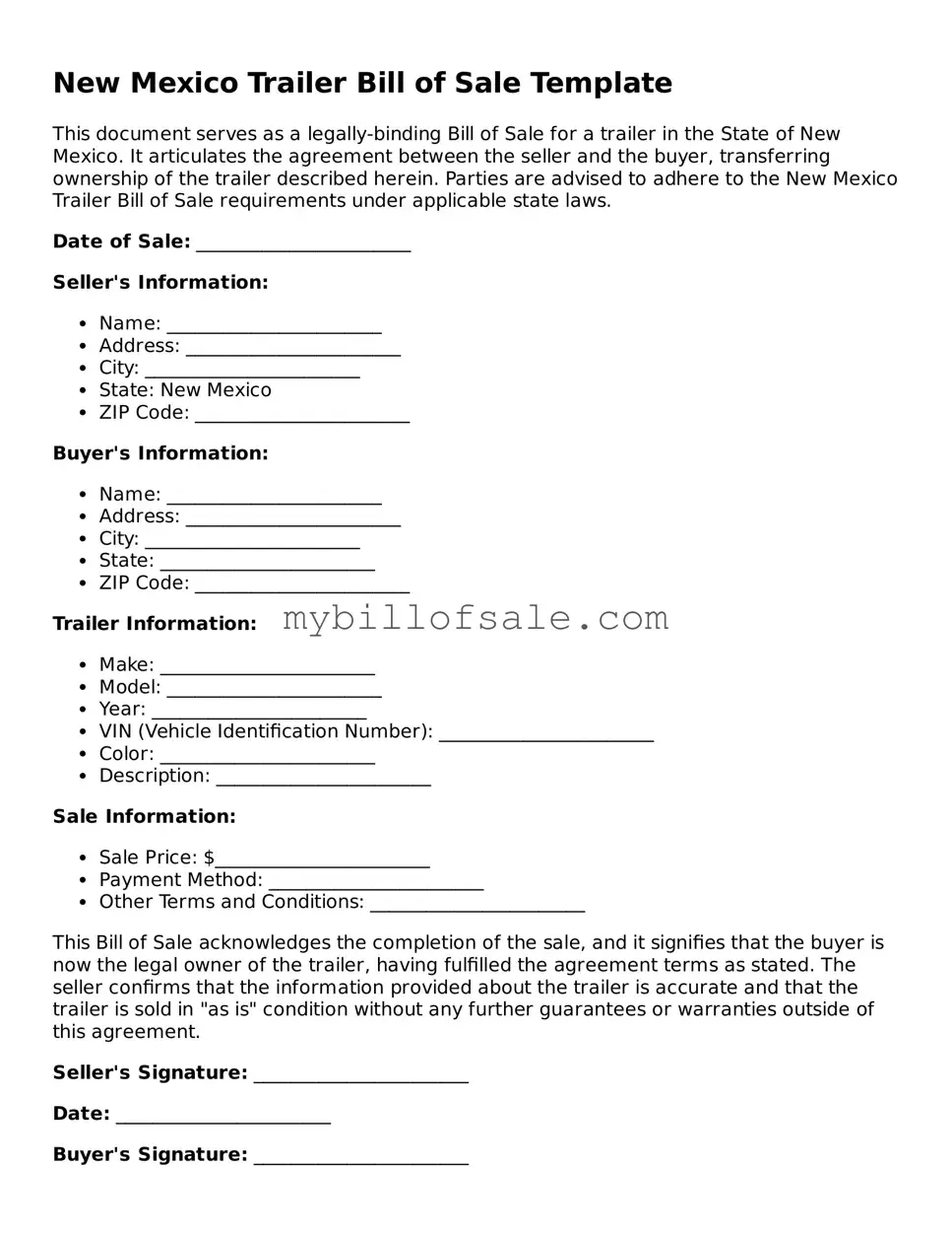 Official New Mexico Trailer Bill of Sale Template