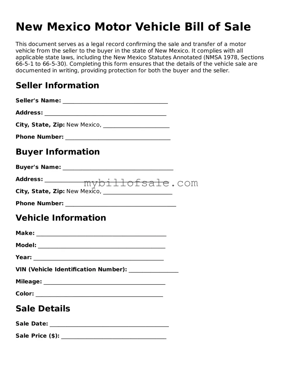 Official New Mexico Motor Vehicle Bill of Sale Template