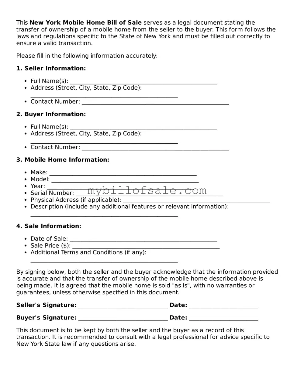 Official New York Mobile Home Bill of Sale Template