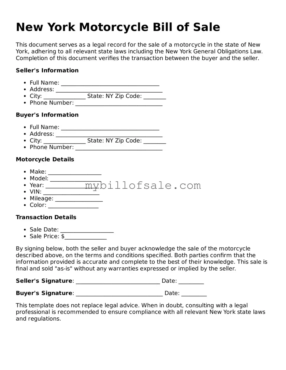 Official New York Motorcycle Bill of Sale Template