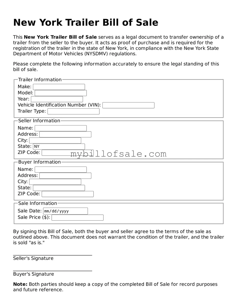 Official New York Trailer Bill of Sale Template