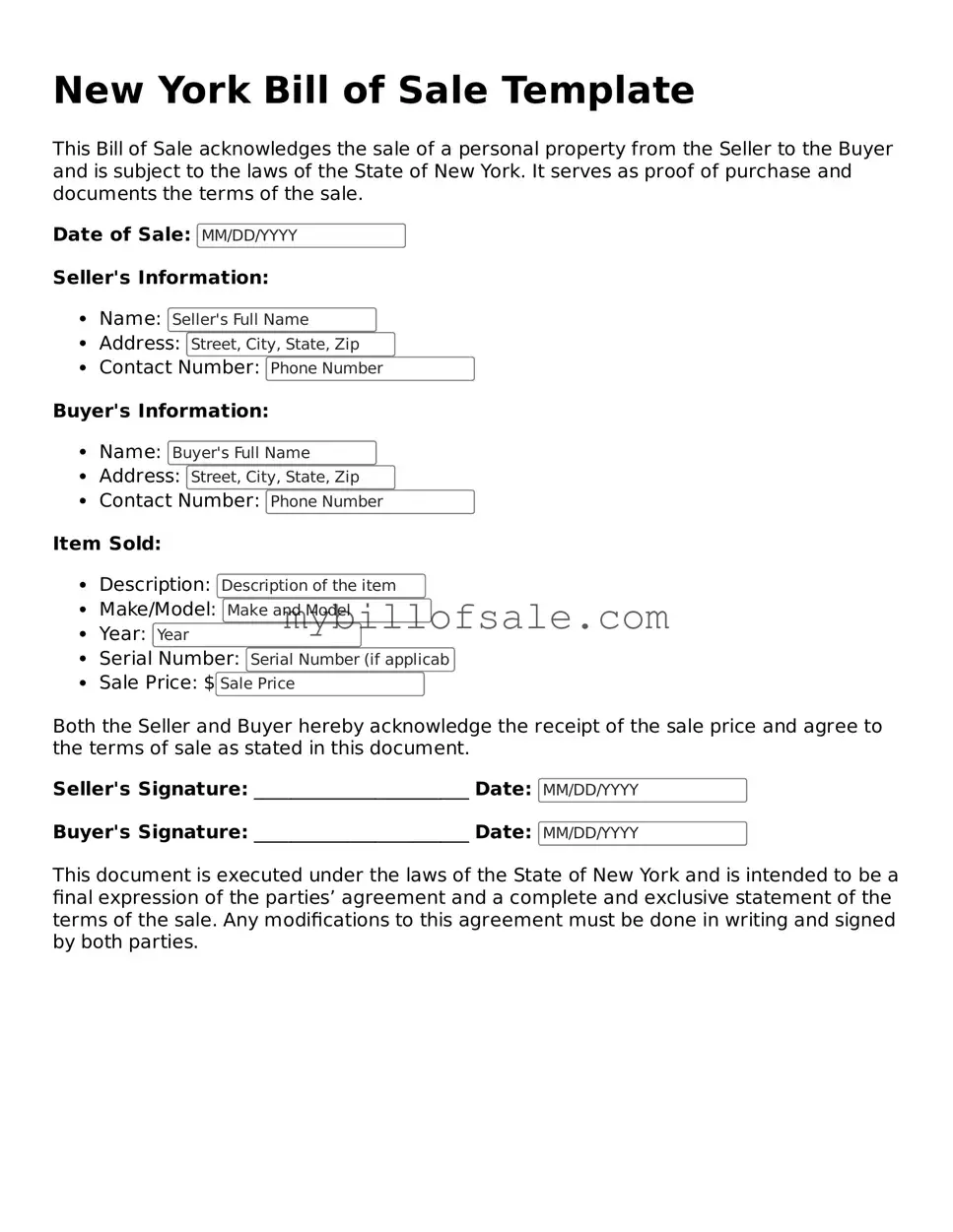 Official New York Bill of Sale Template
