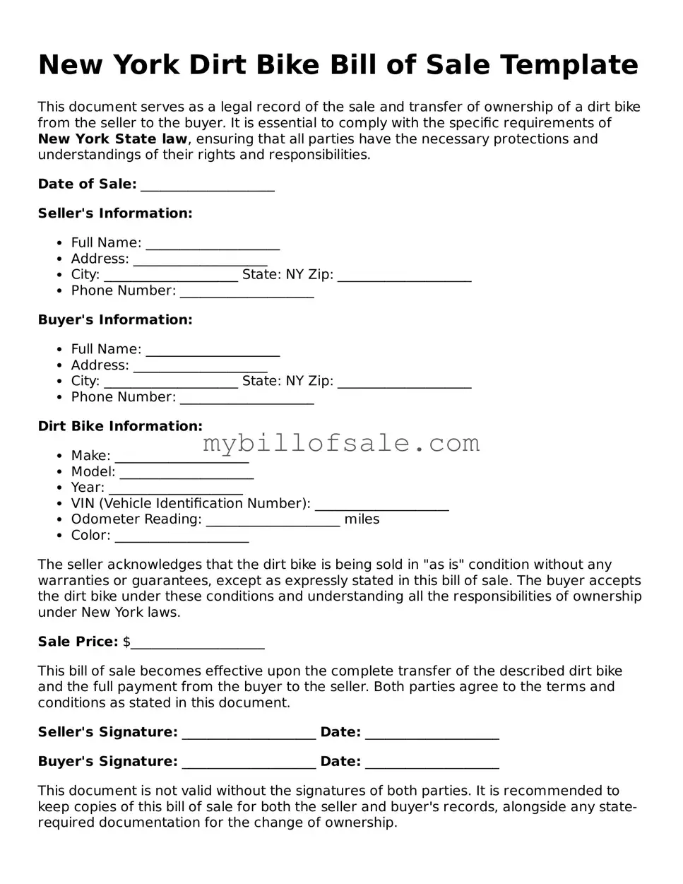 Official New York Dirt Bike Bill of Sale Template