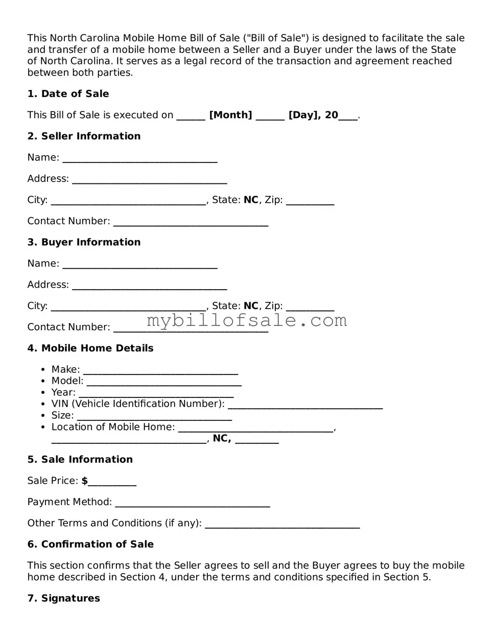 Official North Carolina Mobile Home Bill of Sale Template