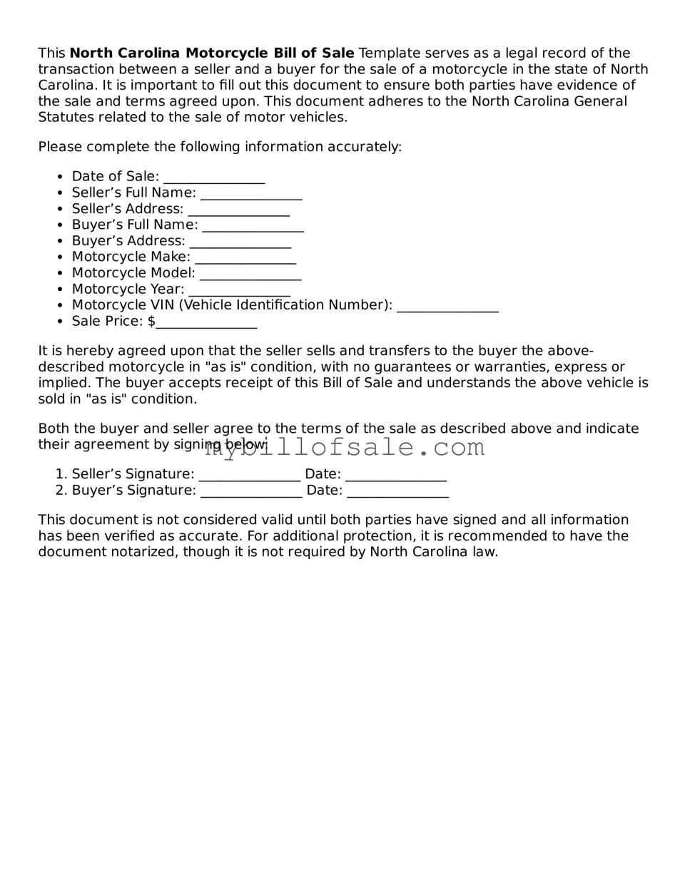 Official North Carolina Motorcycle Bill of Sale Template