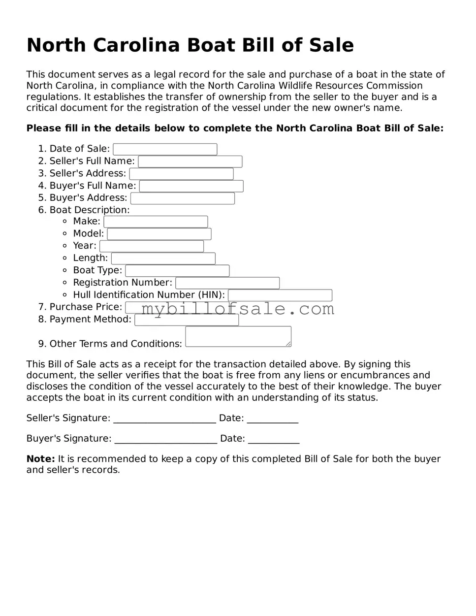 Official North Carolina Boat Bill of Sale Template