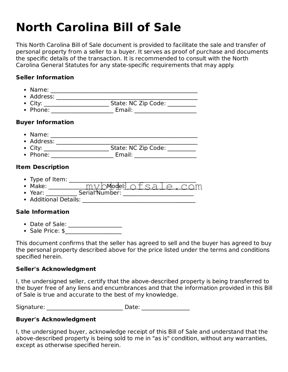 Official North Carolina Bill of Sale Template