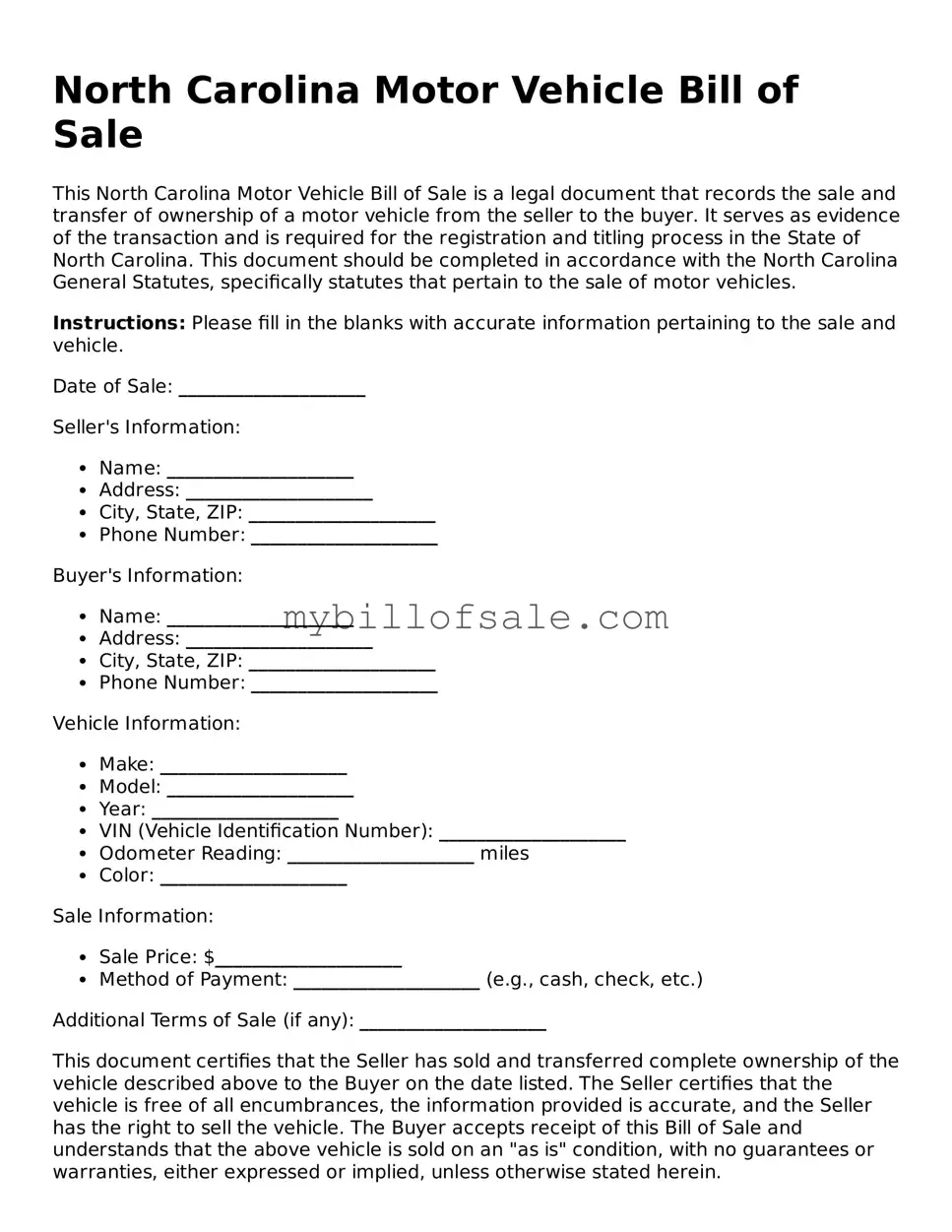 Official North Carolina Motor Vehicle Bill of Sale Template