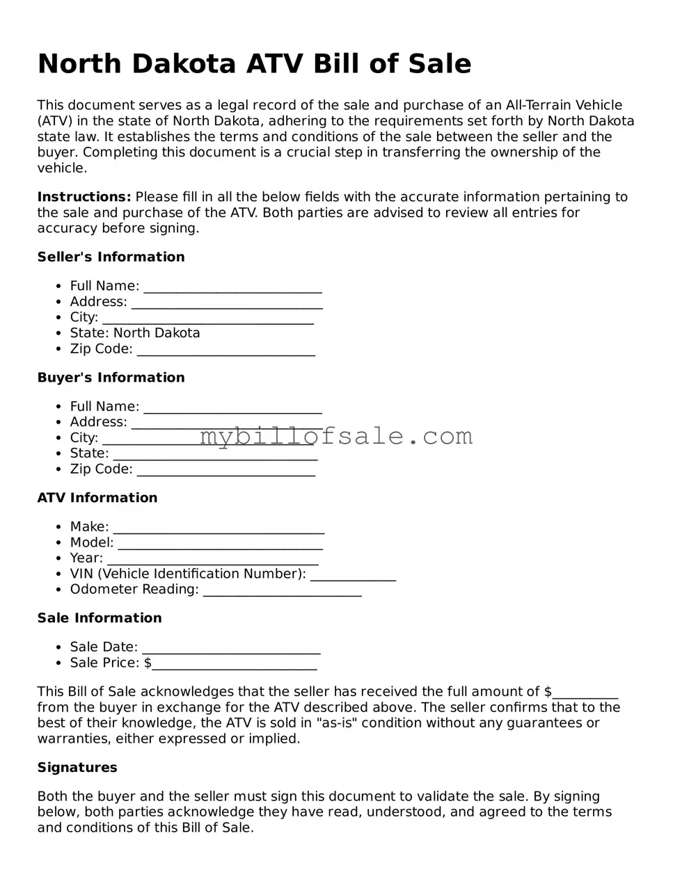 Official North Dakota ATV Bill of Sale Template