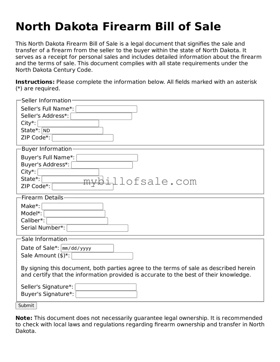 Official North Dakota Firearm Bill of Sale Template