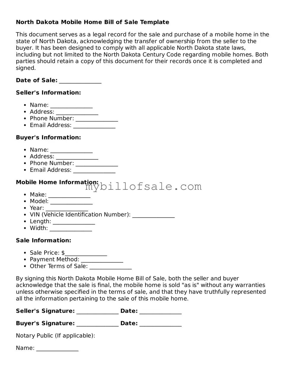 Official North Dakota Mobile Home Bill of Sale Template